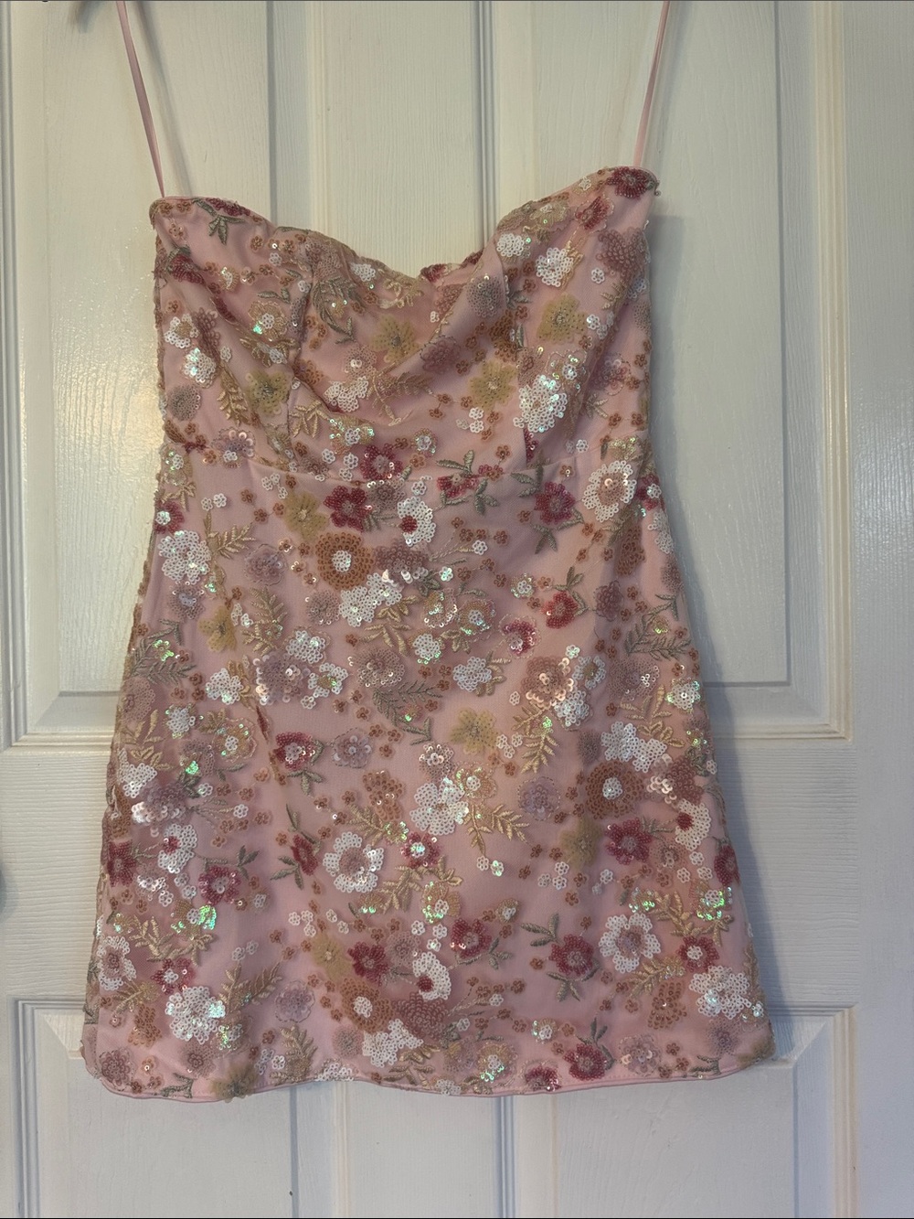 Floral Sequin Pink Spaghetti-Strap Dress